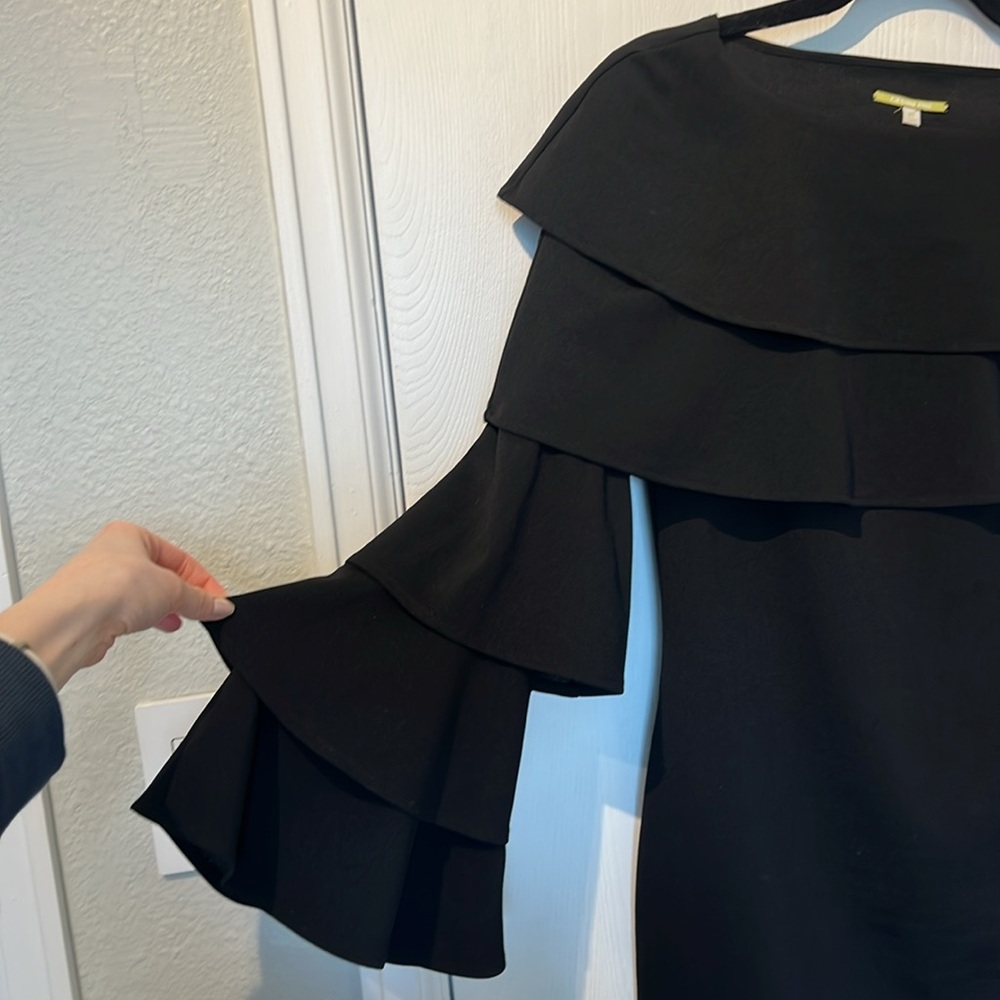 Gianni Bini Dorothy Knit Tiered Ruffle Sleeve Flutter Mini Dress in Black - Picture 7 of 9